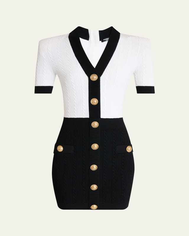 V-Neck Buttoned Strong-Shoulder Torsade Knit Mini Dress
